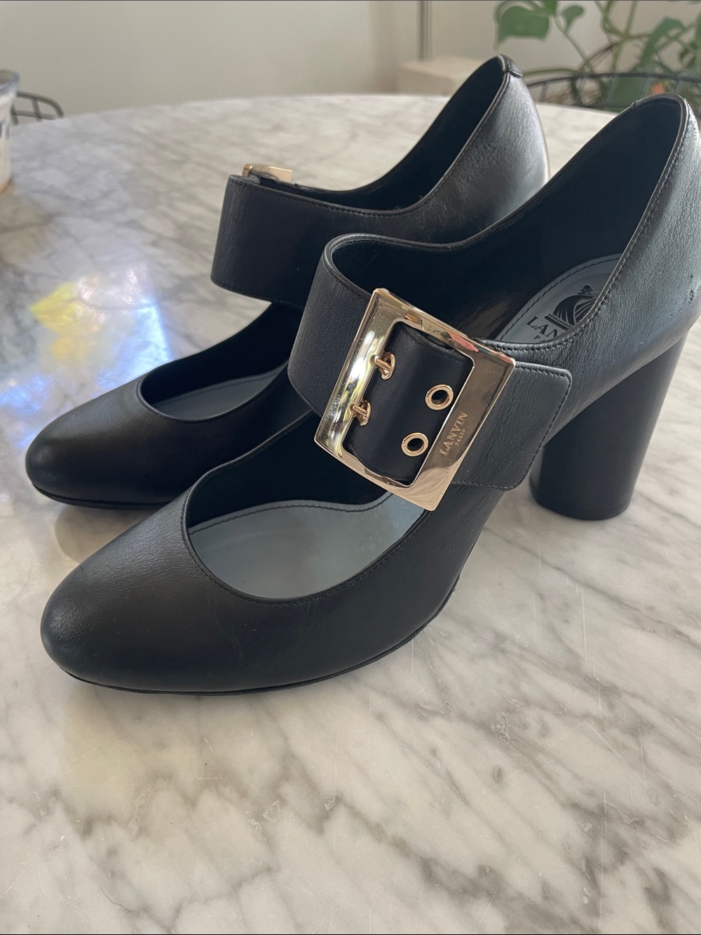 Lanvin Black Leather Mary Jane Block Heels with Gold Buckle